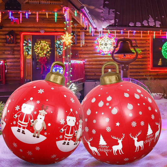 2PCS Inflatable Christmas Ball Decorations,24 Inch Red Merry Christmas PVC Inflatable Decorated Ball Extra Large Christmas Ball Santa Claus Xmas Supplies for Outdoor Holiday Yard Lawn Porch Xmas Decor