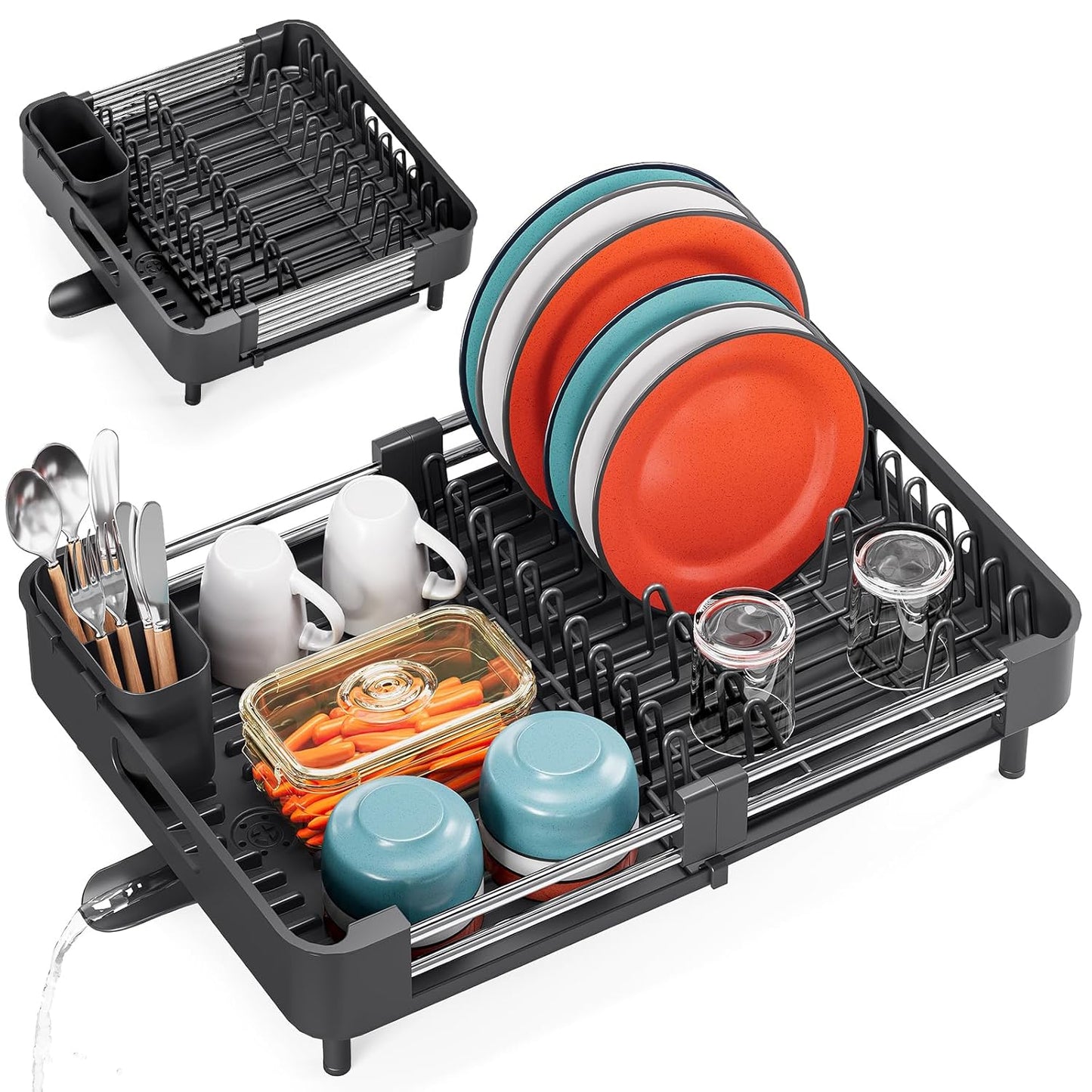 TOOLF Dish Drying Rack - Expandable Kitchen Counter Rack with Drainboard & Cutlery Holder | Black