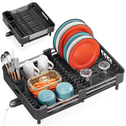 TOOLF Dish Drying Rack - Expandable Kitchen Counter Rack with Drainboard & Cutlery Holder | Black