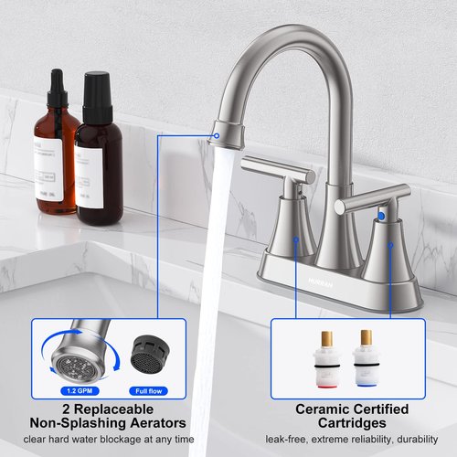 Bathroom Faucets for Sink 3 Hole, Hurran 4 inch Brushed Nickel Bathroom Sink Faucet with Pop-up Drain and Supply Lines, Stainless Steel Centerset Faucets for Sink Vanity RV