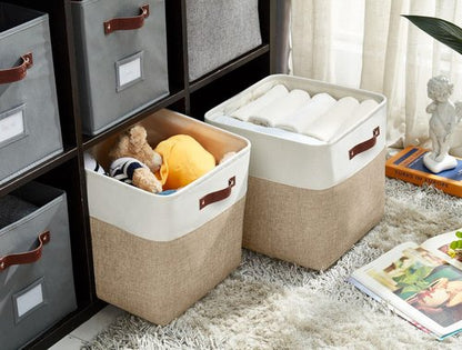 DECOMOMO Storage Cubes - 11x11 Cube Storage Bins for Shelves | Beige & White, 4 Pack