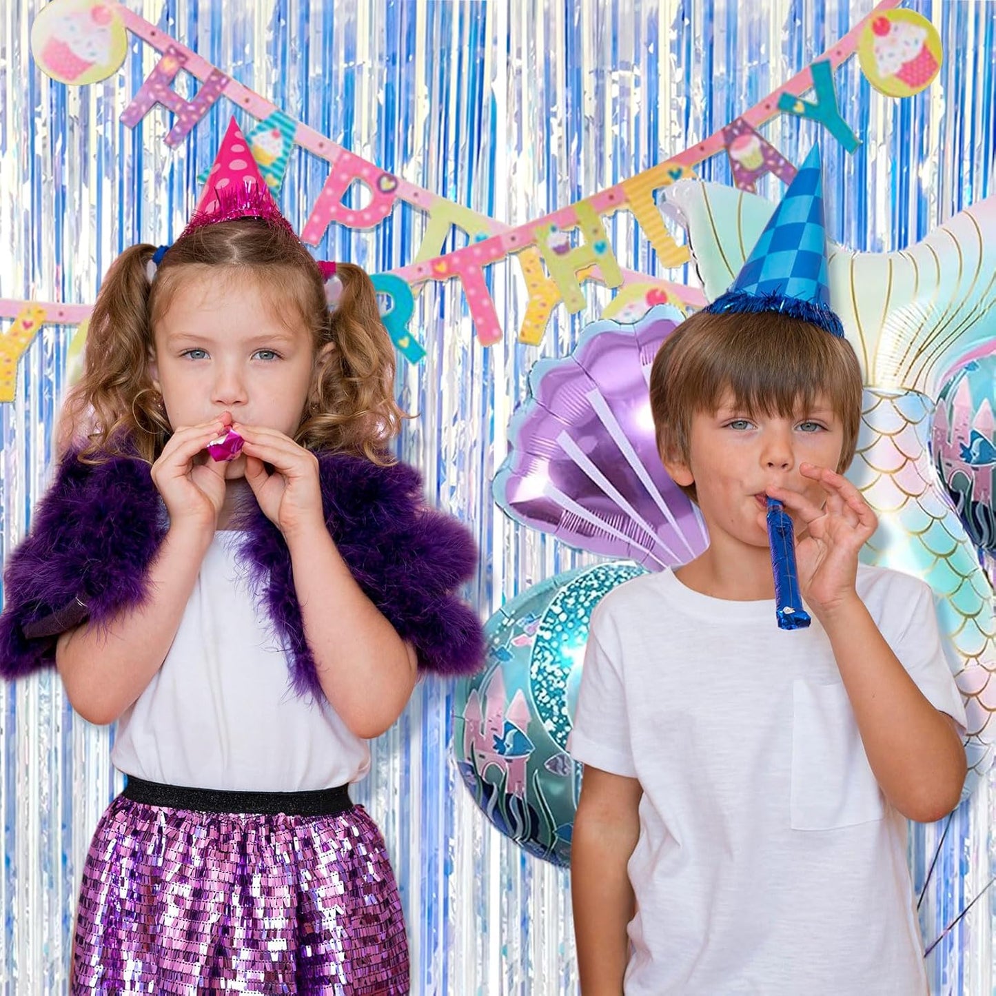 Skiennix Iridescent Metallic Tinsel Foil Fringe Curtains - 2 Pack Photo Booth Backdrop for Parties & Celebrations