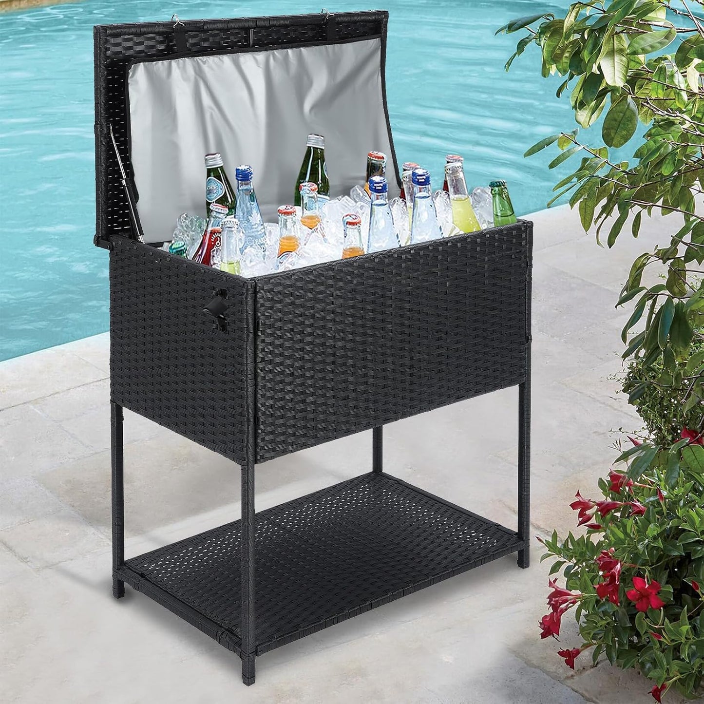 Skiennix 80 Quart Ice Chest Cooler Cart - Outdoor Beverage Stand with Bottle Opener for Parties & Poolside