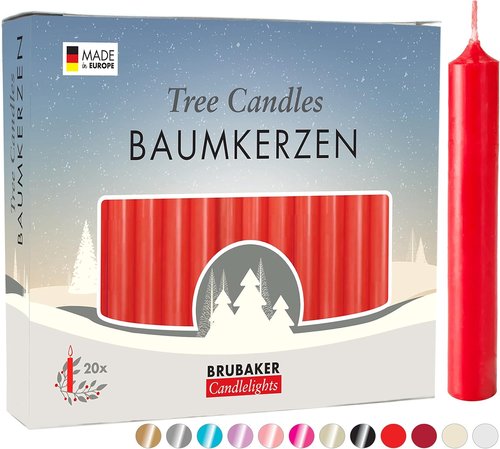 BRUBAKER Tree Candles - Red Pyramid Candles - Pack of 20 - 3¾ x ½ Inches - Made in Europe