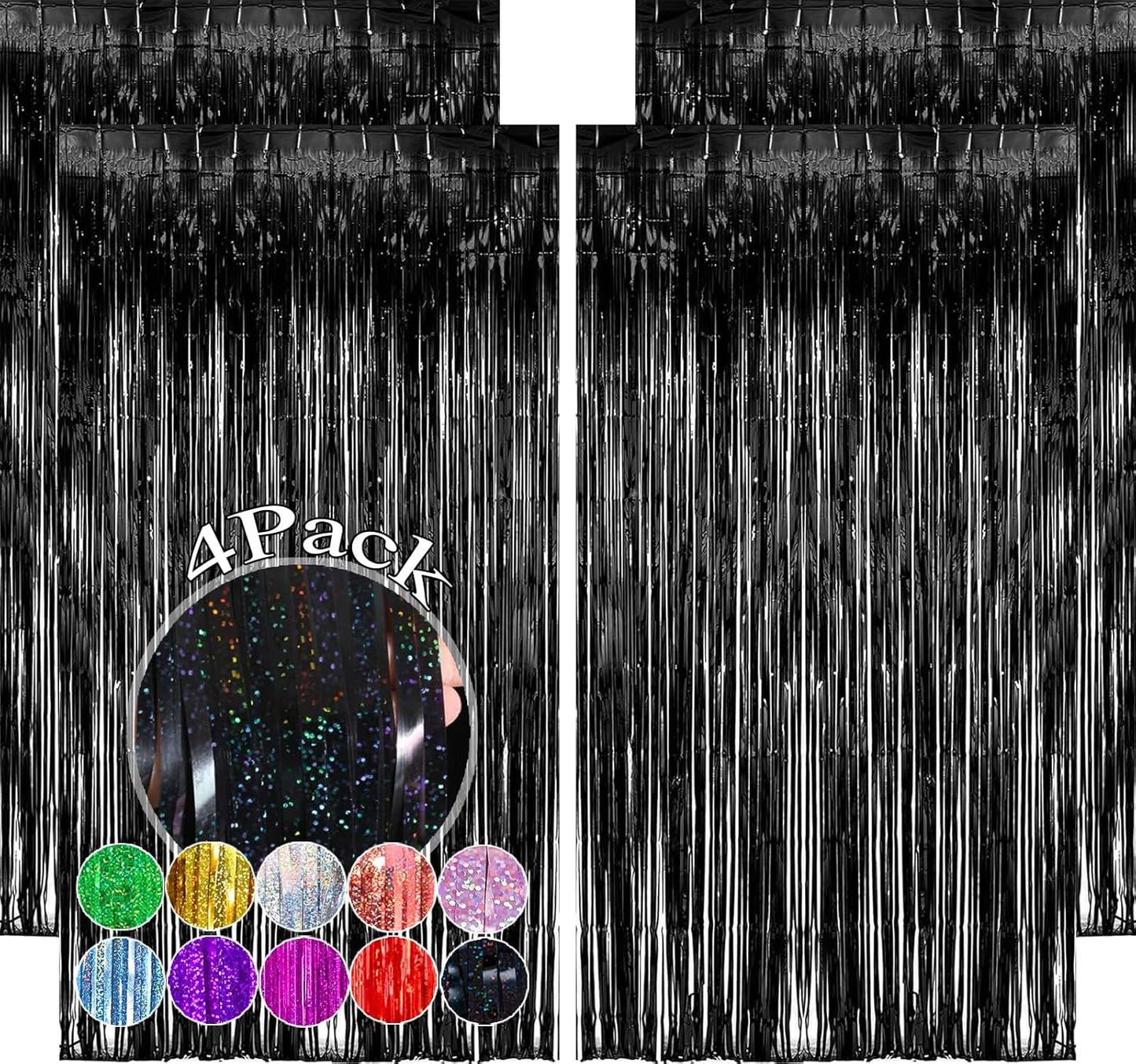 Slmeno Black Foil Fringe Curtains - 4 Pack Glitter Tinsel Backdrop 3.3x8.2ft for Party Decor