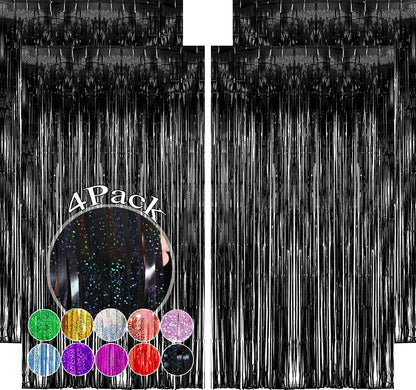 Slmeno Black Foil Fringe Curtains - 4 Pack Glitter Tinsel Backdrop 3.3x8.2ft for Party Decor