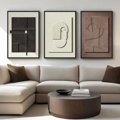 Framed Abstract 3D Textured Wall Art - Modern Neutral 3-Piece Geometric Artwork | 30x60 Inch for Living Room & Home Office Decor