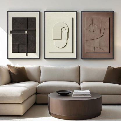 Framed Abstract 3D Textured Wall Art - Modern Neutral 3-Piece Geometric Artwork | 30x60 Inch for Living Room & Home Office Decor