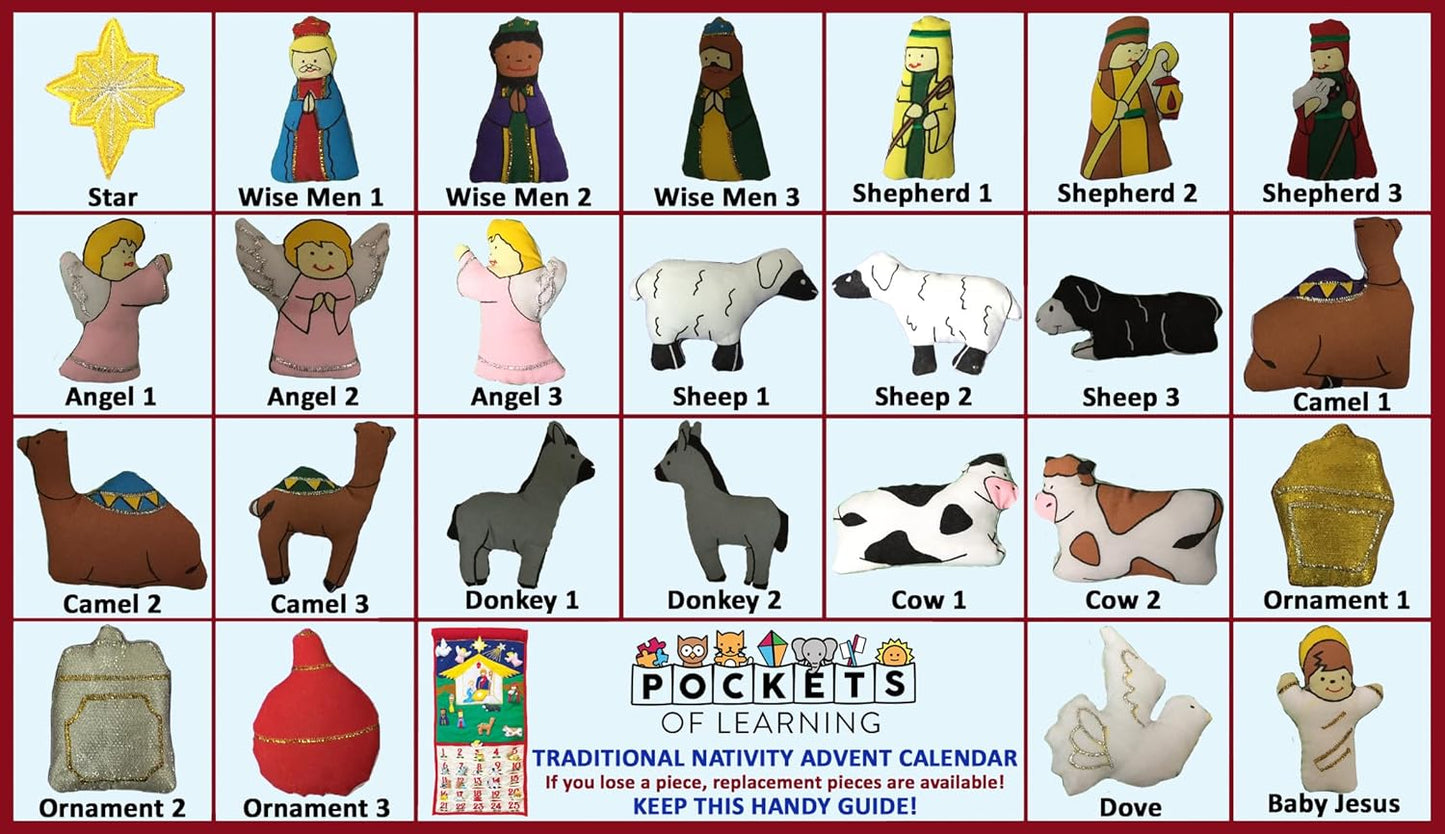 Pockets of Learning Joy To The World Nativity Advent Calendar - Festive Fabric Countdown Wall Hanging