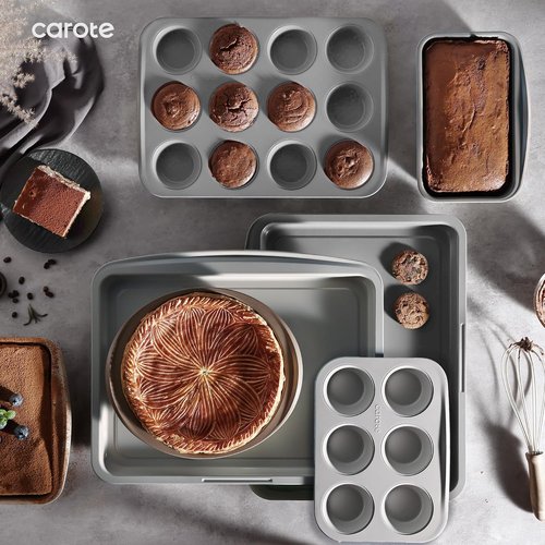 CAROTE 7-Piece Nonstick Bakeware Set - Versatile Baking Pans Including Cookie Sheets, Muffin Pan, & More | Gray & Blue