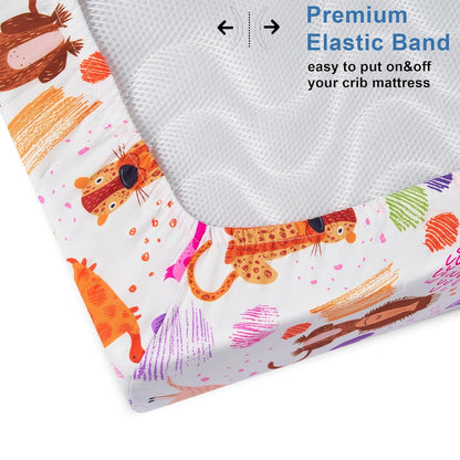 TILLYOU Baby Crib Sheets - Super Soft Toddler Bed Sheets | 2 Pack for Standard Crib Mattress 28x52in, Animal Graffiti