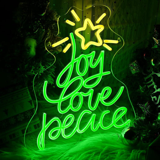 Neon Sign by Christmas Tree - USB Powered LED Wall Decor | Peace, Love, Joy Design for Holiday Parties