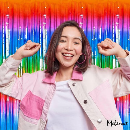 Dark Rainbow Fringe Curtain Backdrop by [Brand Name] - 4 Pack Metallic Tinsel Streamers | 3.2Ft x 9.8Ft for Parties & Events