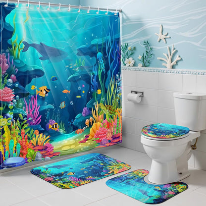 Skiennix Ocean Shower Curtain Set - Tropical Underwater World Design with Non-Slip Bath Rugs | Kids Bathroom Decor