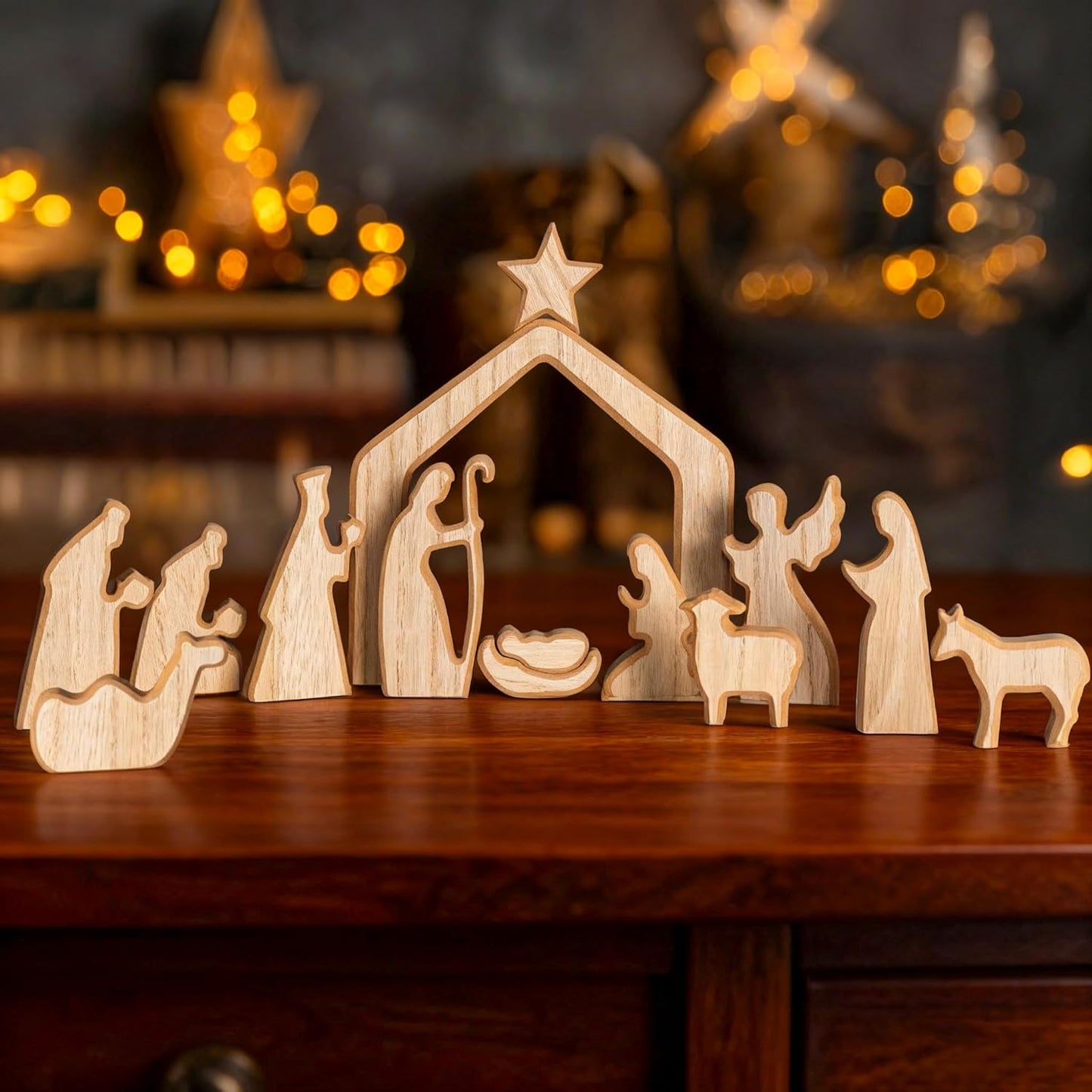 NEROSUN Nativity Scene Set - 13-Piece Wooden Miniature Holy Family Figurines | Minimalist Boho Christmas Decor