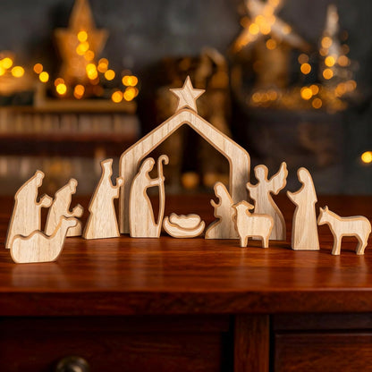 NEROSUN Nativity Scene Set - 13-Piece Wooden Miniature Holy Family Figurines | Minimalist Boho Christmas Decor