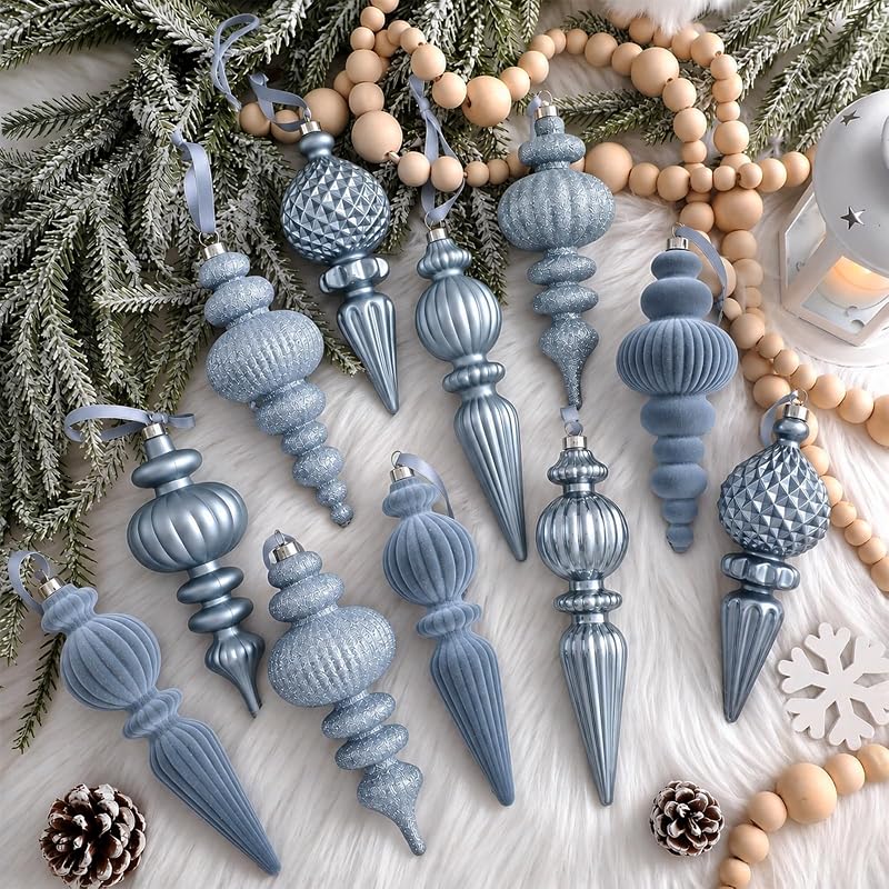 Blue Velvet Christmas Ornament 10-Piece Set - 5.71in Matte/Glitter/Flocked Design, Neutral Holiday Decor (Variation: Blue+10)
