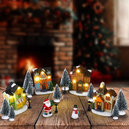 Aneco Christmas Village Set - 19 Resin Houses with Santa, Snowman & LED Lights | Winter Decor