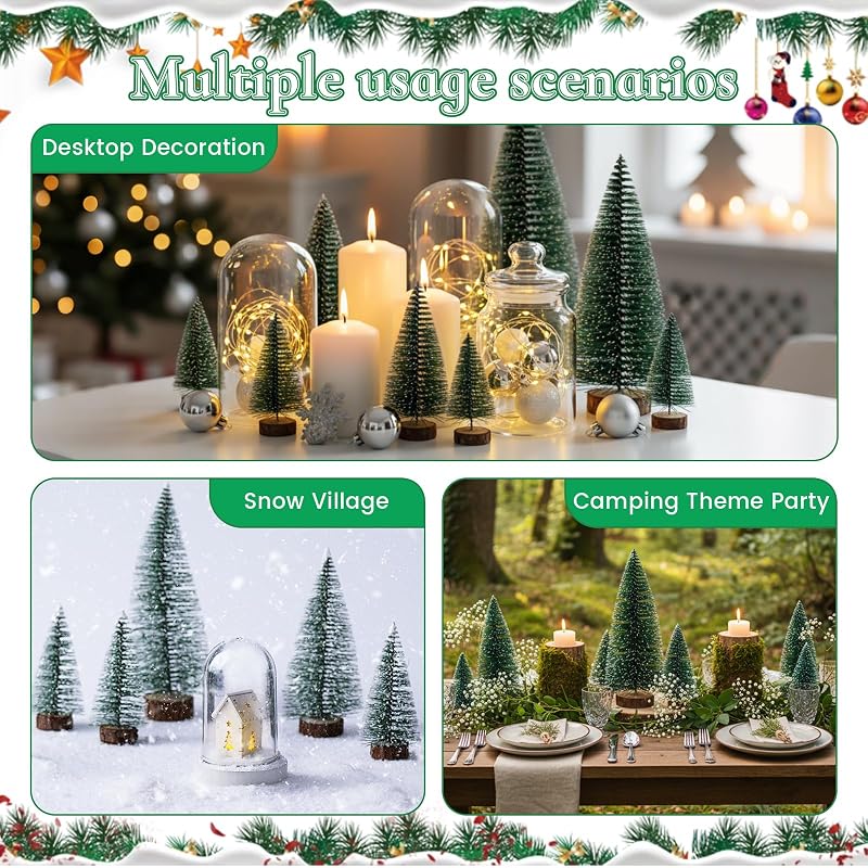 18 Pcs Bottle Brush Christmas Trees & 6 Natural Wood Slices Set, 3 Sizes