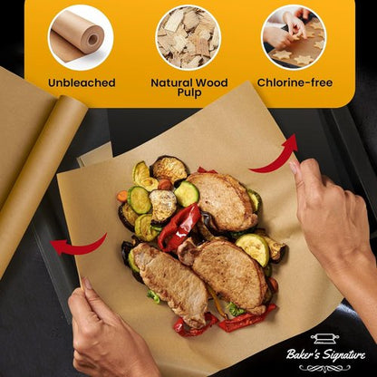 Baker’s Signature Unbleached Parchment Paper Roll - Heavy Duty Non-Stick 15in x 210ft for Baking & Cooking