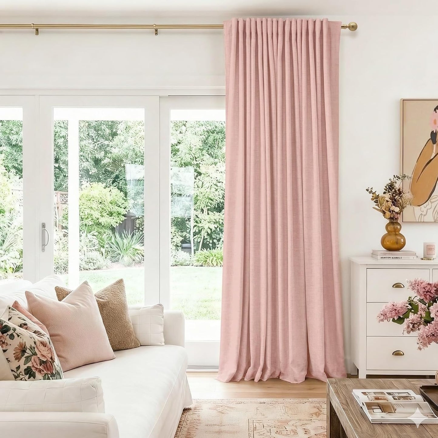 Skiennix 100% Blackout Linen Curtains - Thermal Insulated Drapes for Bedroom | 84" Long, Blush Pink