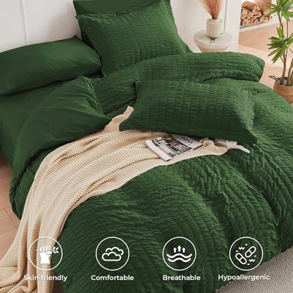 HYMOKEGE California King Comforter Set - Dark Green Seersucker 7-Piece Luxury Bedding | All Season Essentials