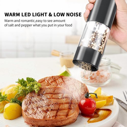 Electric Salt and Pepper Grinder Set Stainless Steel Salt and Pepper Mill Led Light Automatic One Handed Operation Rechargeable Adjustable Shakers Ceramic Rator 2 Pack Black Stainless Steel