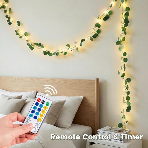 Eucalyptus Garland with 40 LED Fairy Lights - Lighted Greenery Vine with Remote & Timer, IP44 for Home Decor