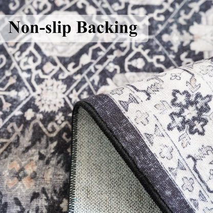 Regine Switzerland Washable 4x8 Hallway Runner Rug - Vintage Soft Low Pile Carpet with Non-Slip Backing | Black