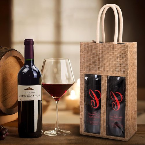 (2-Pack) Reusable 2-Bottle Wine & Champagne Gift Bag Set - Burlap with PVC Window & Handle, 2-Compartment Design for Travel, Weddings, Parties