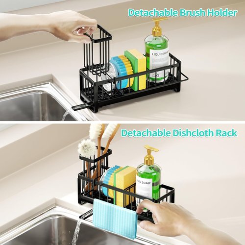 HapiRm Sponge Holder - Self-Draining Sink Caddy with Brush & Dishcloth Holders | Stainless Steel - Black