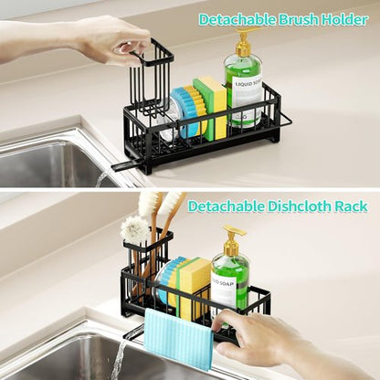 HapiRm Sponge Holder - Self-Draining Sink Caddy with Brush & Dishcloth Holders | Stainless Steel - Black