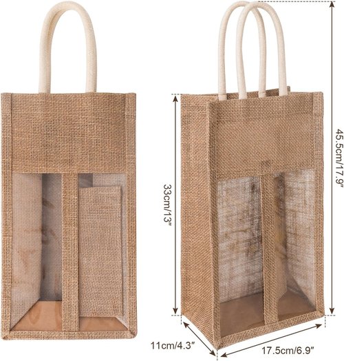 (2-Pack) Reusable 2-Bottle Wine & Champagne Gift Bag Set - Burlap with PVC Window & Handle, 2-Compartment Design for Travel, Weddings, Parties