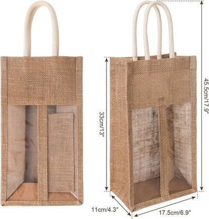 (2-Pack) Reusable 2-Bottle Wine & Champagne Gift Bag Set - Burlap with PVC Window & Handle, 2-Compartment Design for Travel, Weddings, Parties
