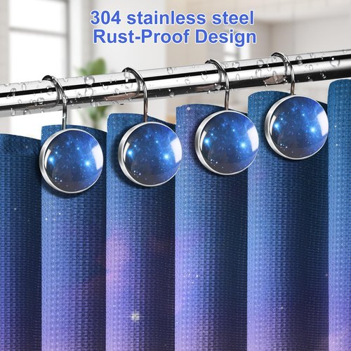 Ruvenis Galaxy Shower Curtain Hooks Set of 12, Metal Shower Hooks for Bathroom, Decorative Blue Space Shower Curtain Rings, Rust-Resistant Bathroom Accessories