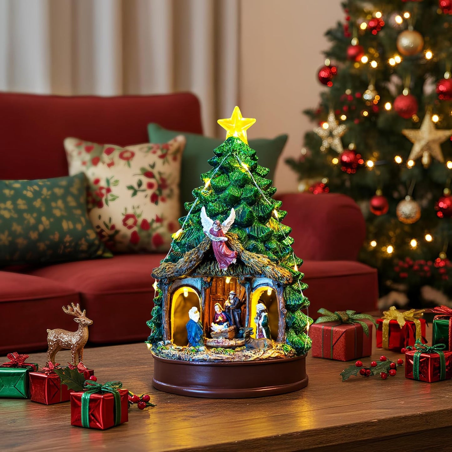 Regine Switzerland Christmas Tree Nativity Scene - Lighted & Animated Angel Family Figurines | Musical Silent Night Decor