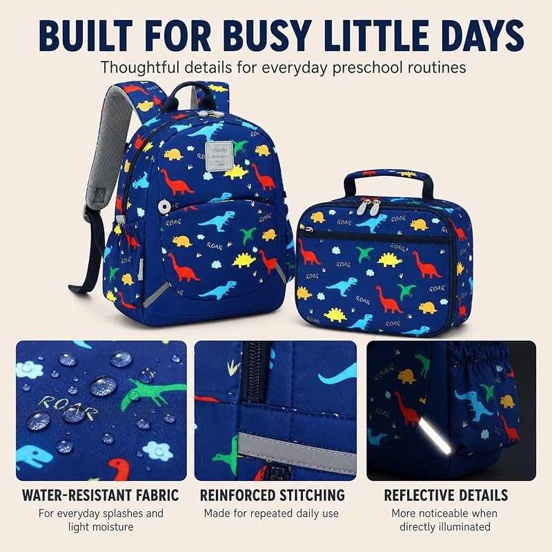 Camtop 12-Inch Toddler Backpack for Boys - Navy Dinosaur Lunch Bag Set