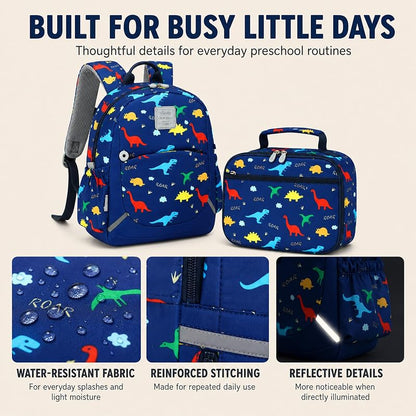 Camtop 12-Inch Toddler Backpack for Boys - Navy Dinosaur Lunch Bag Set