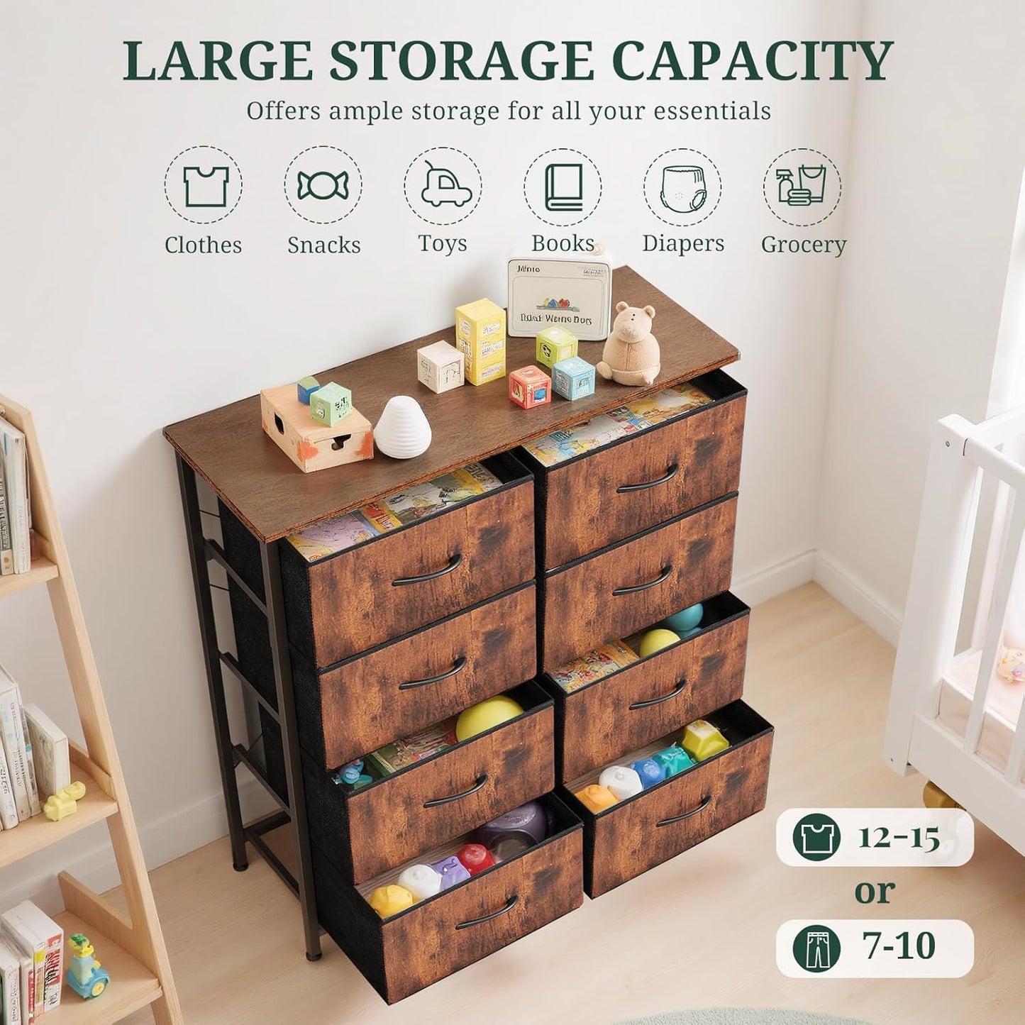 Skiennix 8-Drawer Dresser - Anti-Tip Tall Storage Organizer with Wooden Top & Metal Frame | Brown