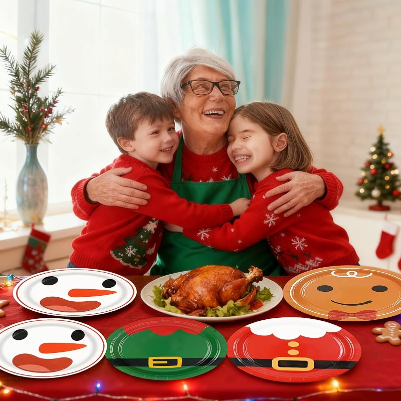 48-Pack 9inch Disposable Christmas Plates - Red & Green Santa Theme, 4 Styles