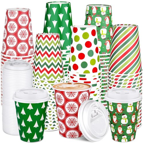 102 Sets Christmas Coffee Cups with Lids 12 oz Disposable Christmas Paper Cups Christmas Hot Chocolate Cups for Hot Cold Beverages Drinking Xmas Holiday Party