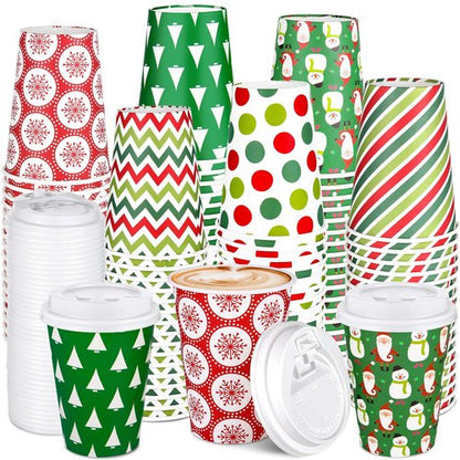 102 Sets Christmas Coffee Cups with Lids 12 oz Disposable Christmas Paper Cups Christmas Hot Chocolate Cups for Hot Cold Beverages Drinking Xmas Holiday Party