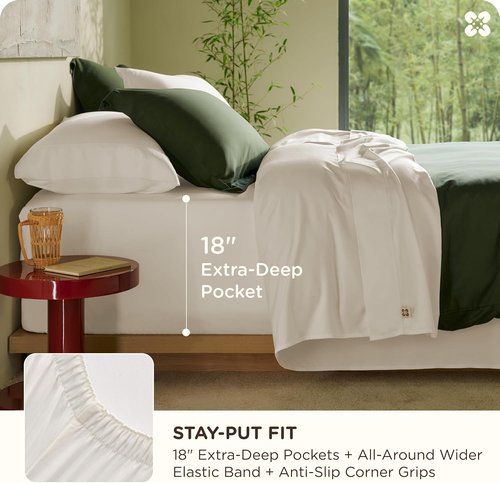 Bedsure 100% Organic Bamboo Viscose Queen Sheet Set - Cooling Luxury Bedsheets for Hot Sleepers | 18" Deep Pocket | Oeko-Tex Certified White