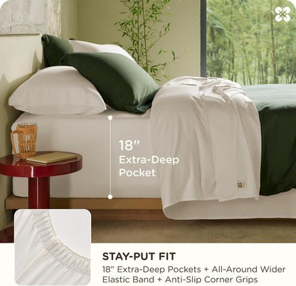 Bedsure 100% Organic Bamboo Viscose Queen Sheet Set - Cooling Luxury Bedsheets for Hot Sleepers | 18" Deep Pocket | Oeko-Tex Certified White