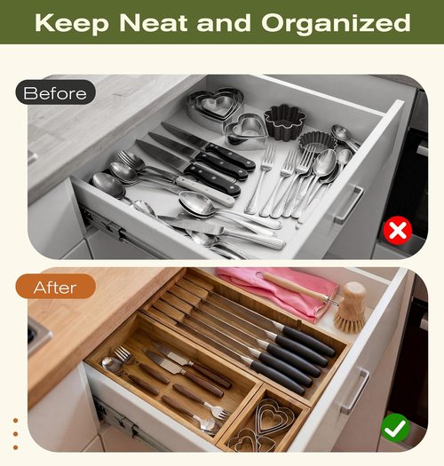 KOCWELL Bamboo Silverware Drawer Organizer - Multi-Use with Knife Block & 3 Removable Bins