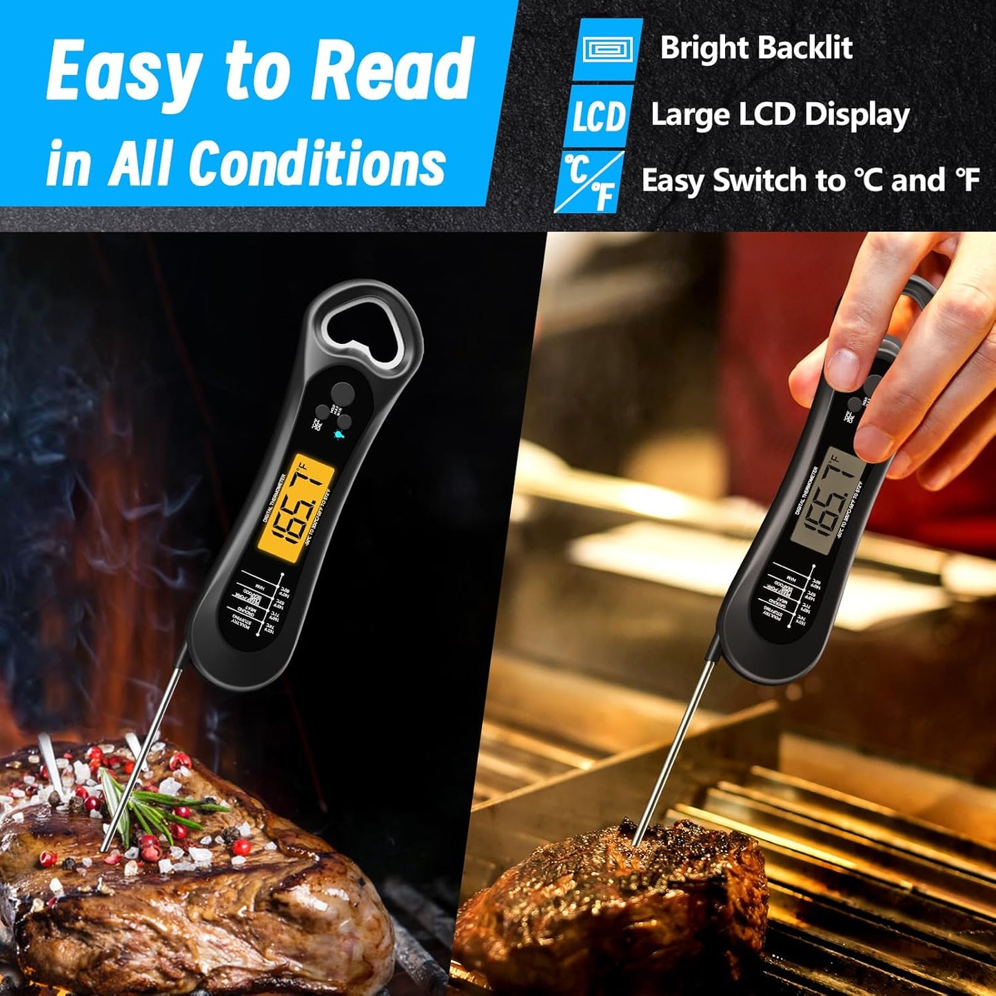 Skiennix Digital Meat Thermometer - Instant Read Cooking Tool with Backlight & Calibration | Perfect for BBQ, Turkey, Candy, Liquids