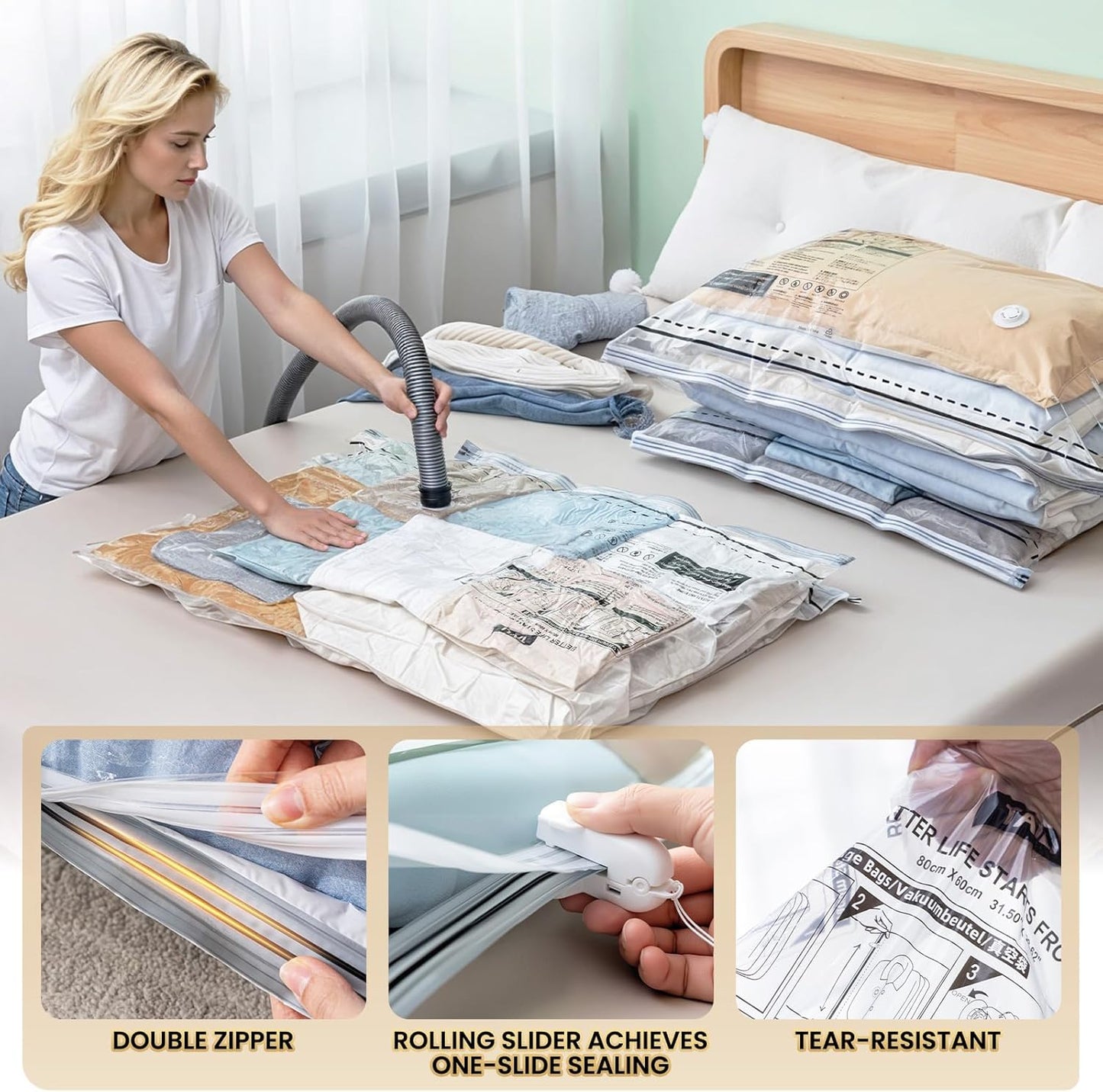 TAILI Jumbo Vacuum Storage Bags - 8 Pack 39x28 Inch | Long Side Zip Seal for Bedding & Clothing Storage