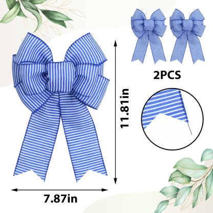 Skiennix Blue & White Stripe Wreath Bows - Rustic Burlap Decor for Indoor/Outdoor Events | 2-Pack