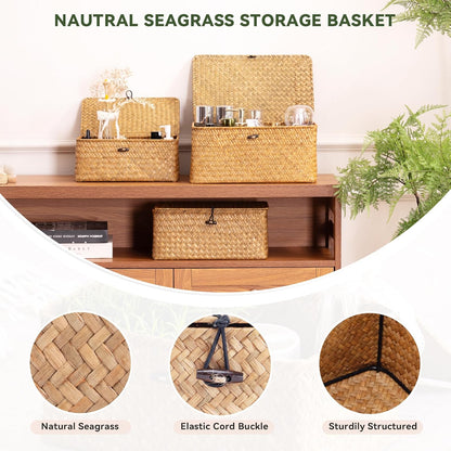 Nonam Storage Basket Set - Natural Seagrass Bins with Lids for Boho Home Organization | Set of 3 Rectangular Baskets