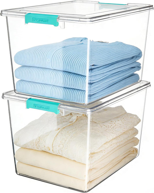 Vtopmart 72 QT Crystal Clear Storage Bins - 2 Pack Stackable Latching Containers for Closet Organization